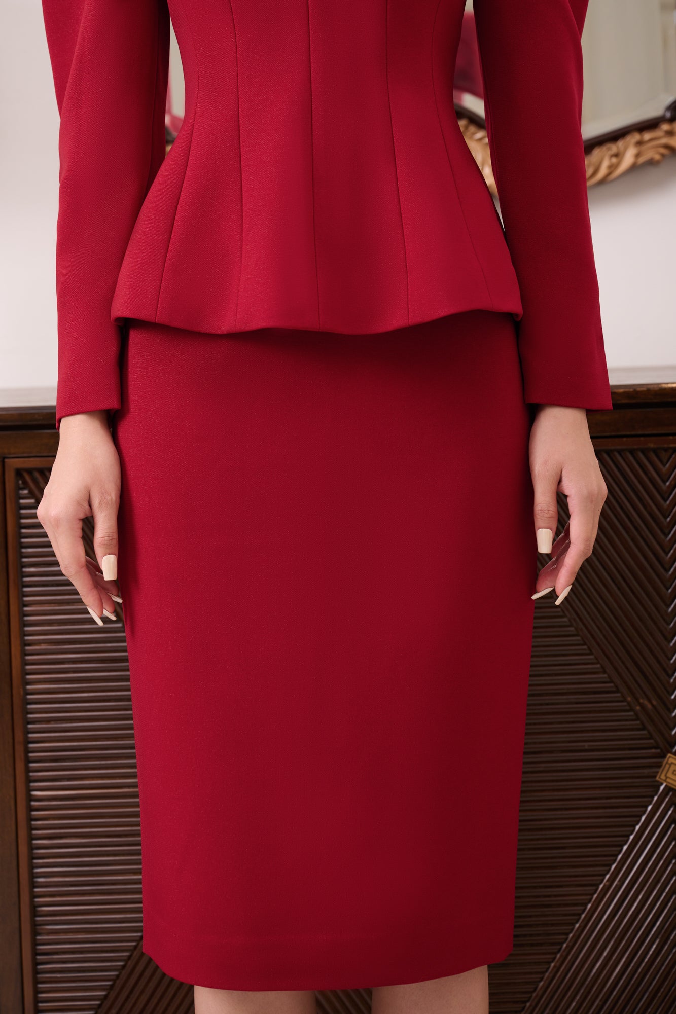 Red Gabardine Skirt Suit for Women - Tailored Formal Wear