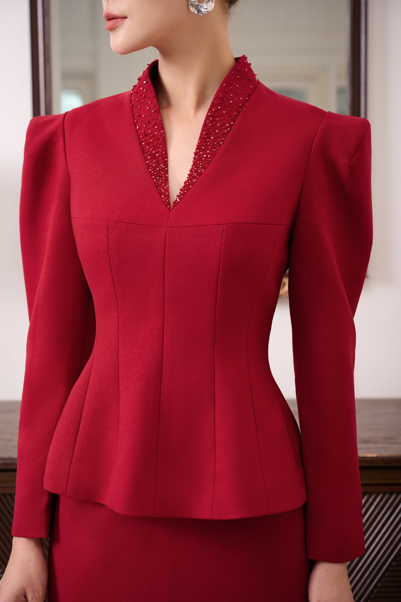 Red Gabardine Skirt Suit for Women - Tailored Formal Wear