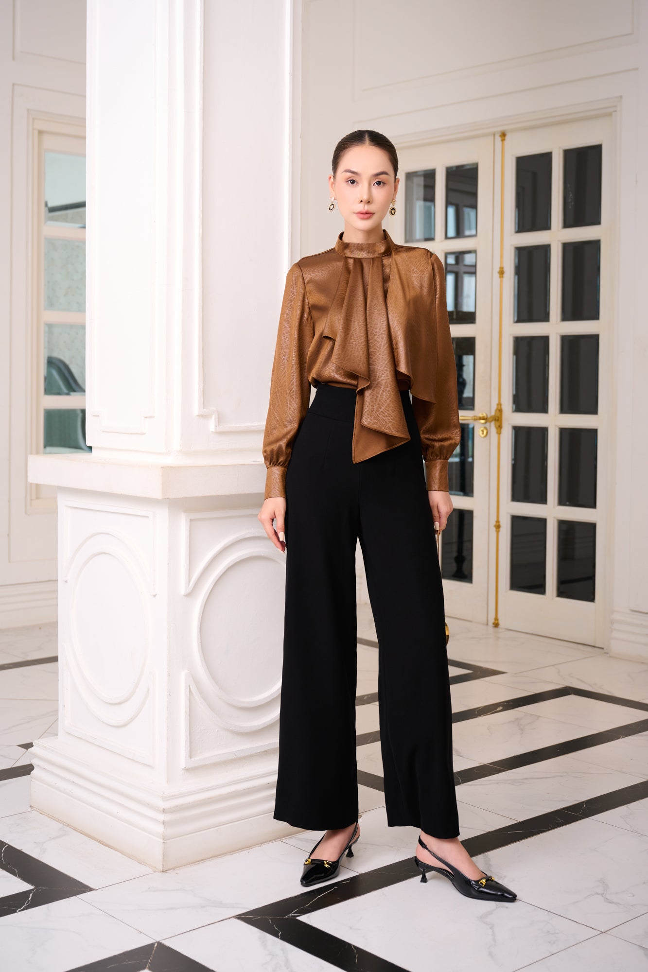 Satin Bronze High-Neck Blouse with Draped Front and Black Wide-Leg Pants