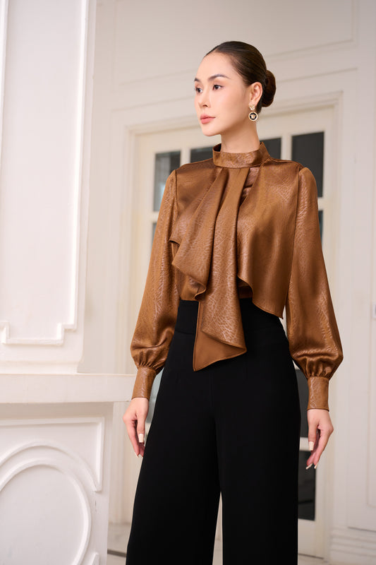 Satin Bronze High-Neck Blouse with Draped Front and Black Wide-Leg Pants