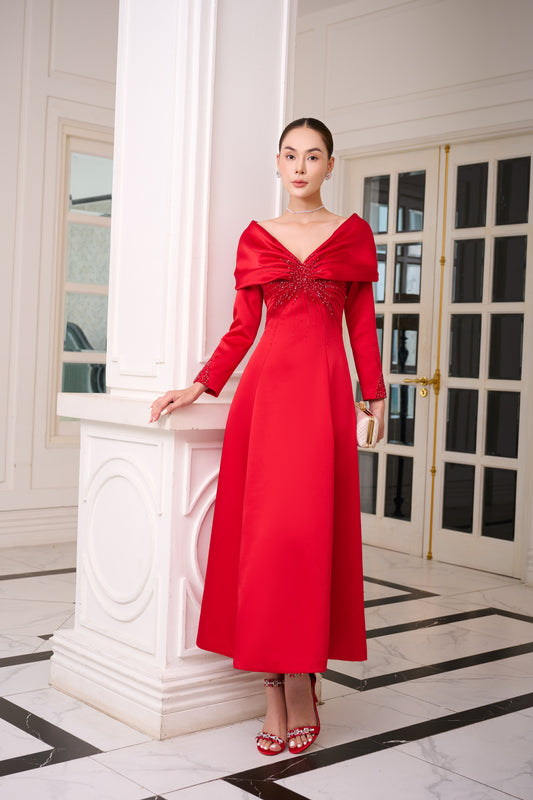 Red Satin Evening Gown with Embellished V-Neck and Long Sleeves