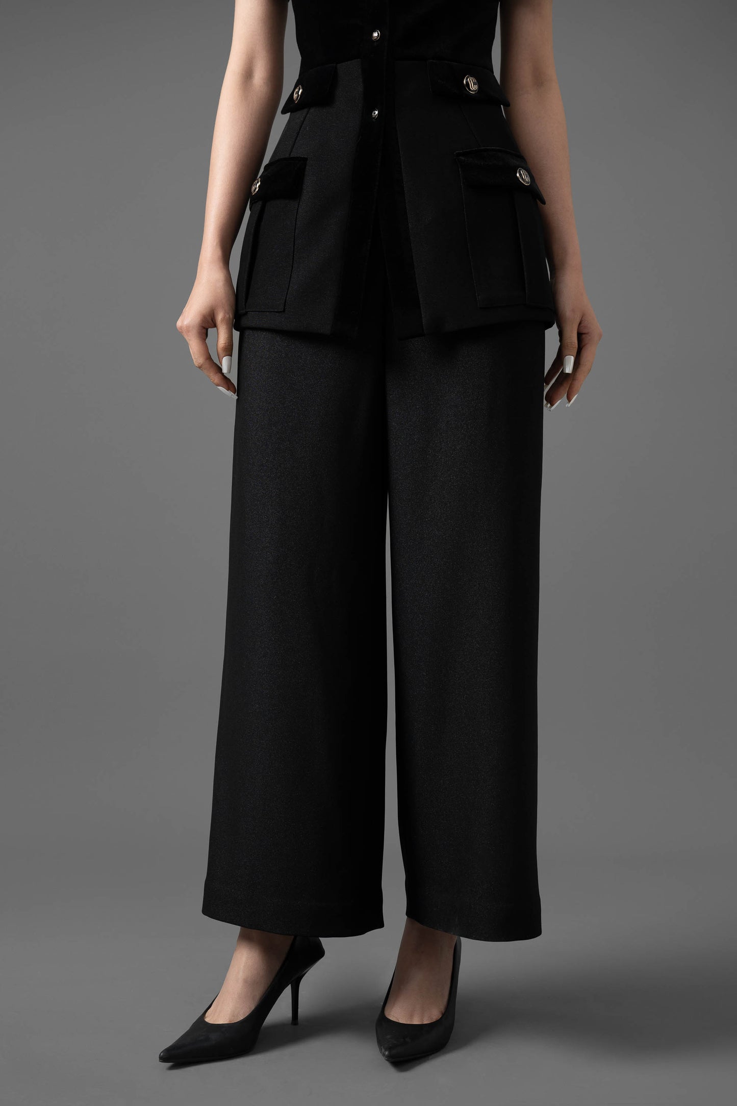 Gabardine and Velvet Utility Jacket and Wide-Leg Pants Set