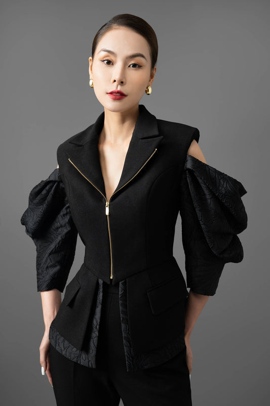 Jacquard Gabardine Puff-Sleeve Blazer and Flared Pants Set