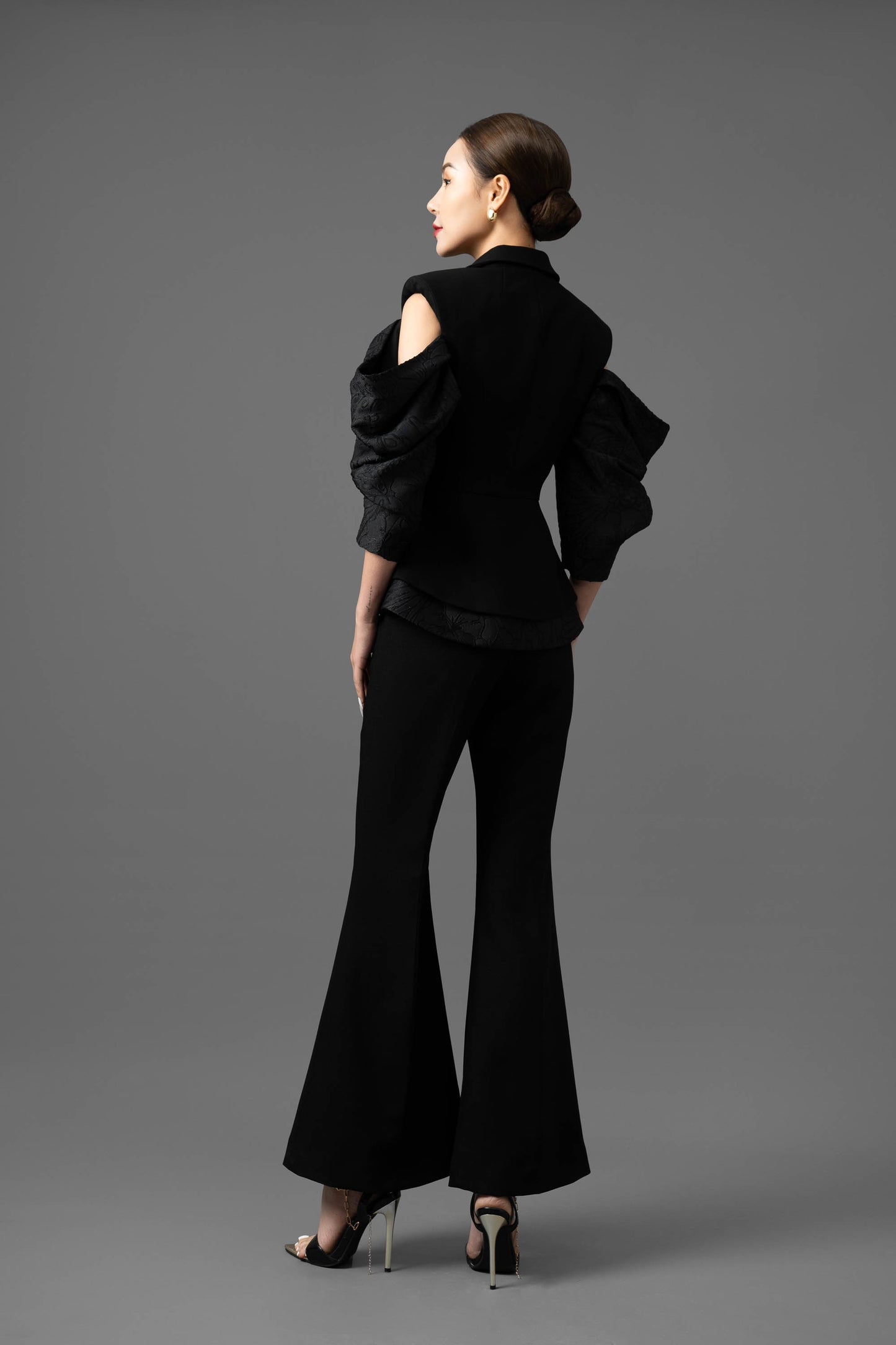 Jacquard Gabardine Puff-Sleeve Blazer and Flared Pants Set