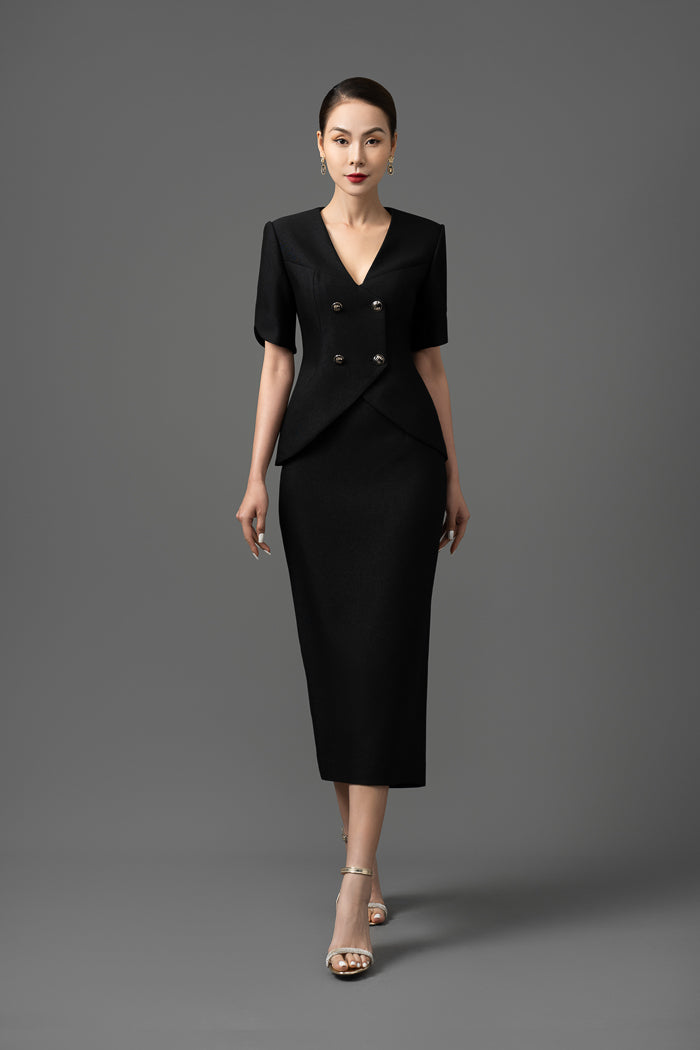 Gabardine Double-Breasted Blazer and Pencil Skirt Set