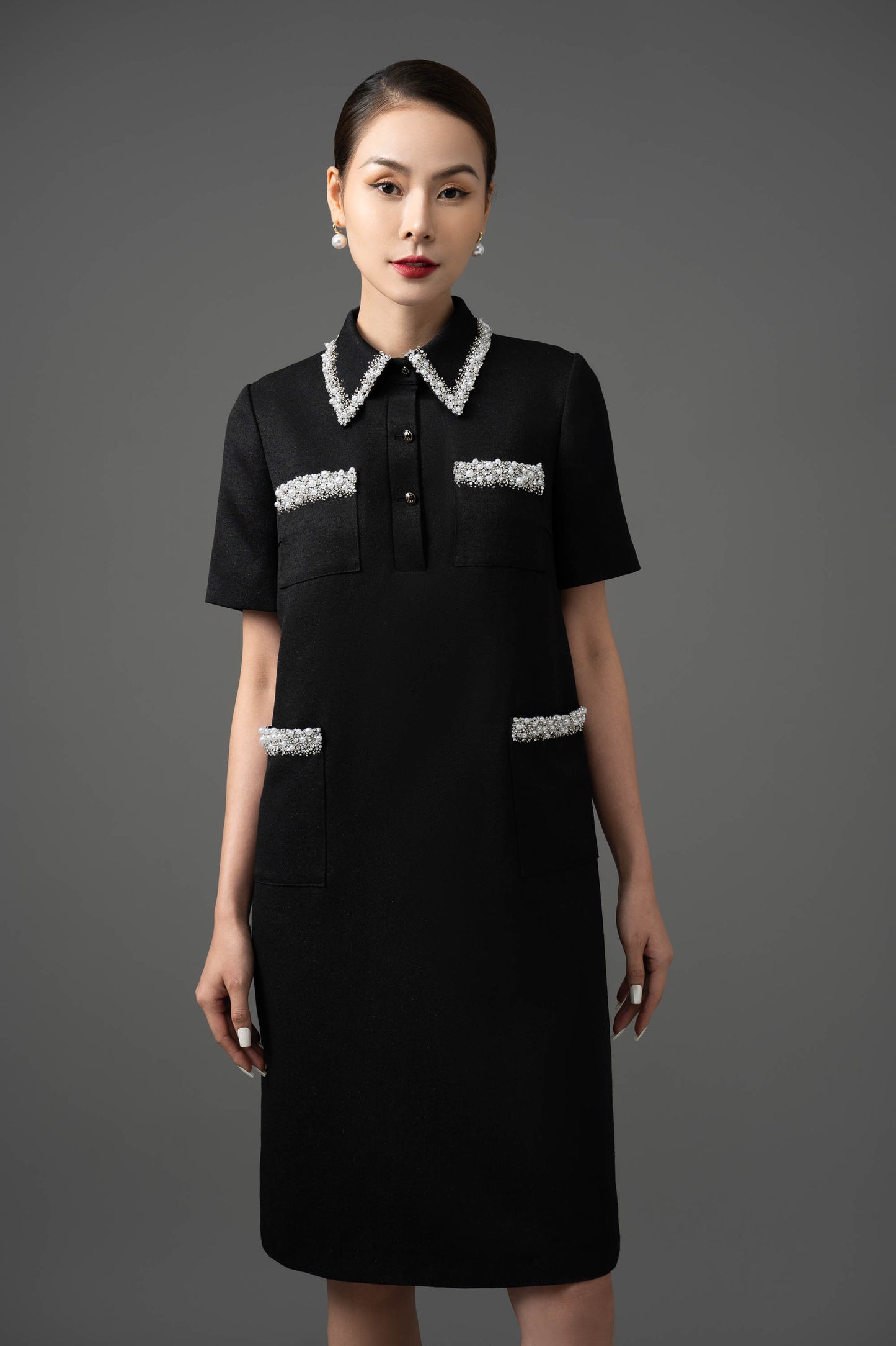 Gabardine Embellished Collar Shift Dress