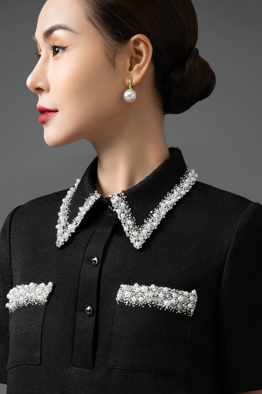 Gabardine Embellished Collar Shift Dress