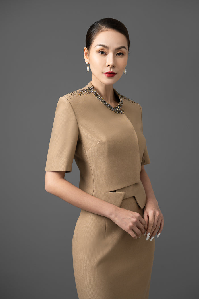 Gabardine Beige Peplum Blazer and Pencil Skirt Set
