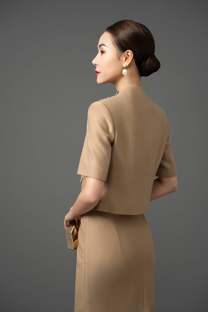 Gabardine Beige Peplum Blazer and Pencil Skirt Set