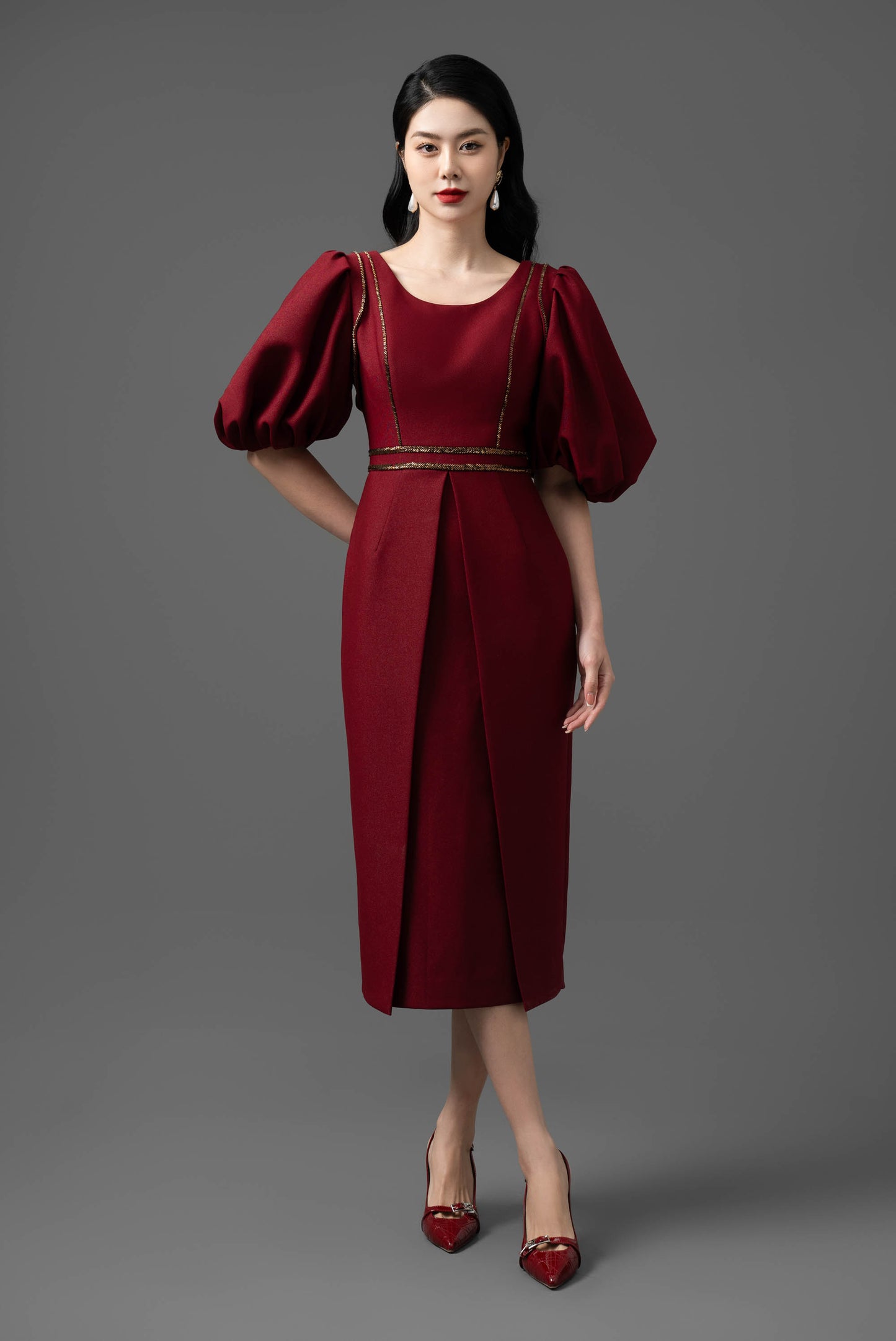 Gabardine Puff-Sleeve Midi Dress