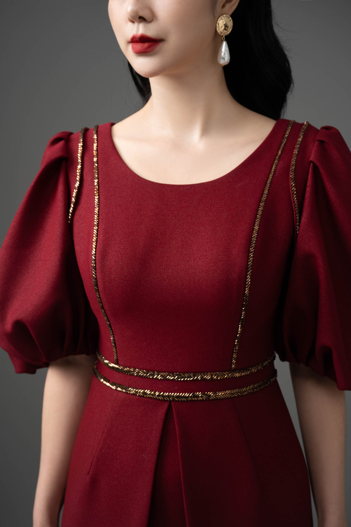 Gabardine Puff-Sleeve Midi Dress