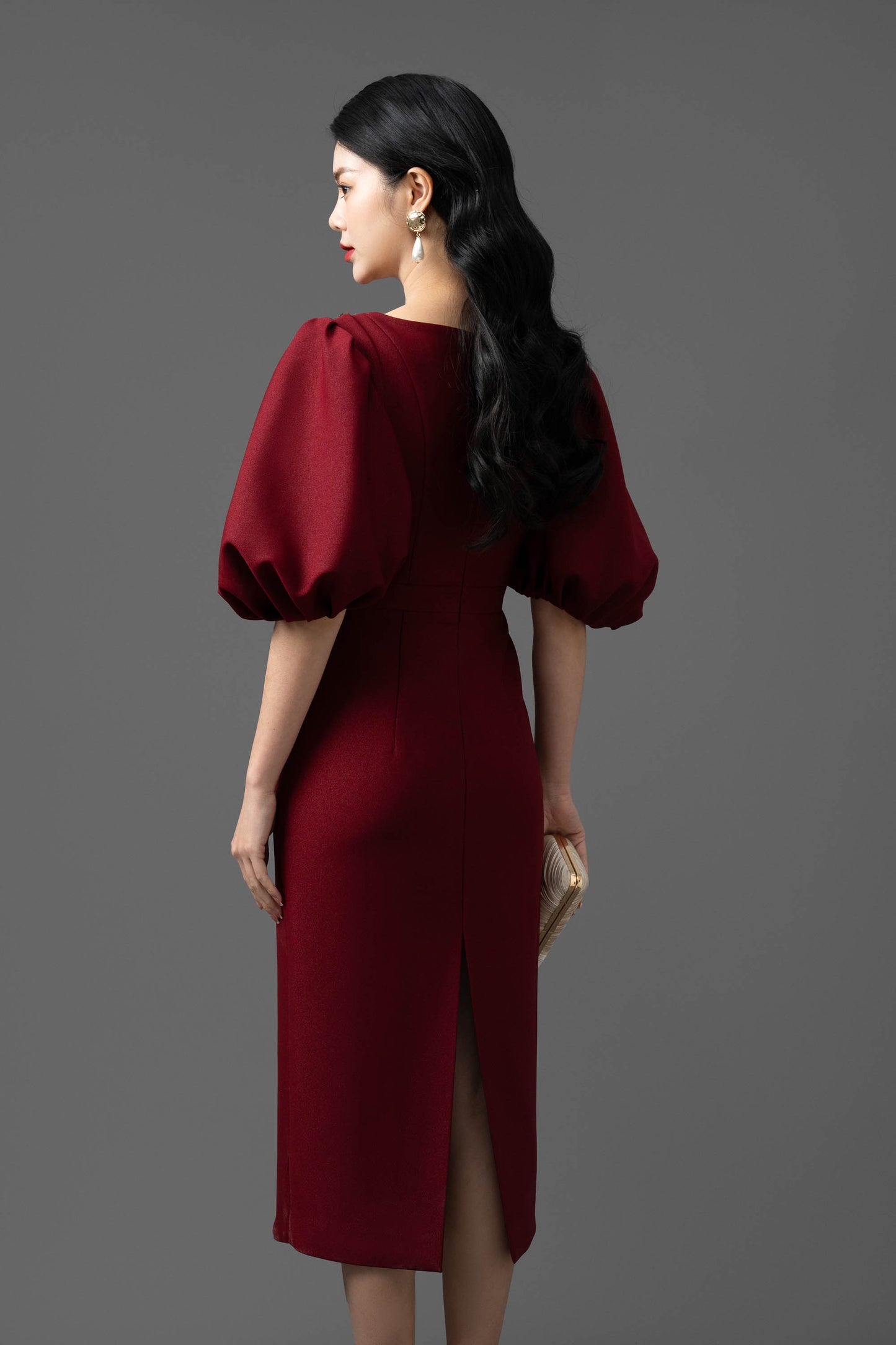 Gabardine Puff-Sleeve Midi Dress