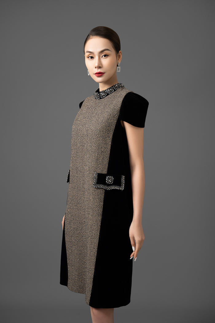 Tweed and Velvet Embellished Shift Dress