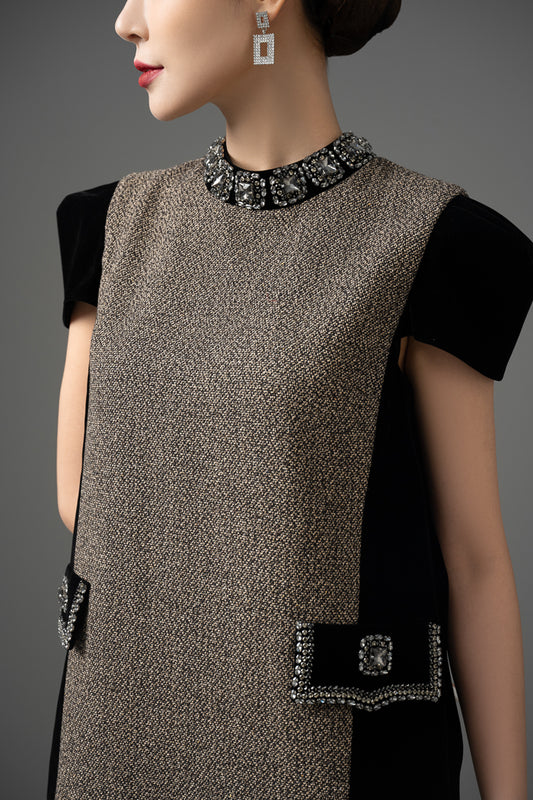 Tweed and Velvet Embellished Shift Dress