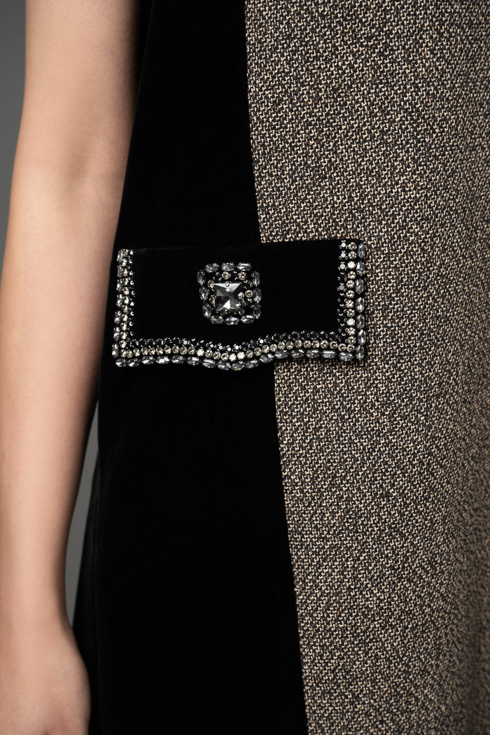 Tweed and Velvet Embellished Shift Dress