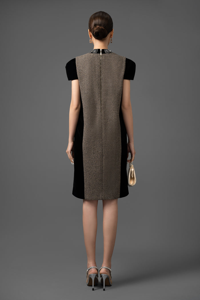 Tweed and Velvet Embellished Shift Dress