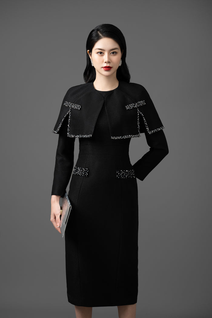 Synthetic Cotton Long-Sleeve Dress with Short Coat Set