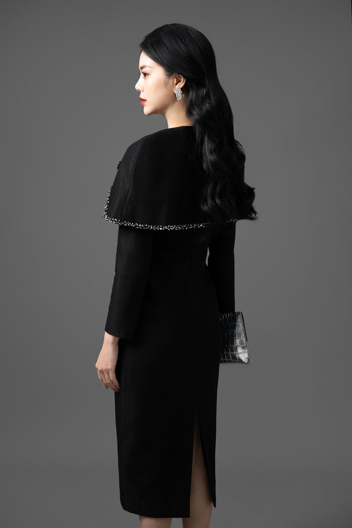 Synthetic Cotton Long-Sleeve Dress with Short Coat Set