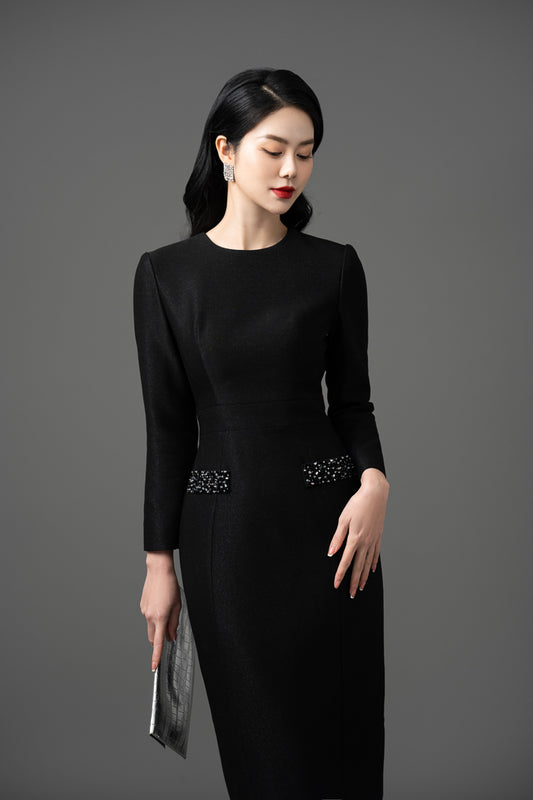 Synthetic Cotton Long-Sleeve Dress with Short Coat Set