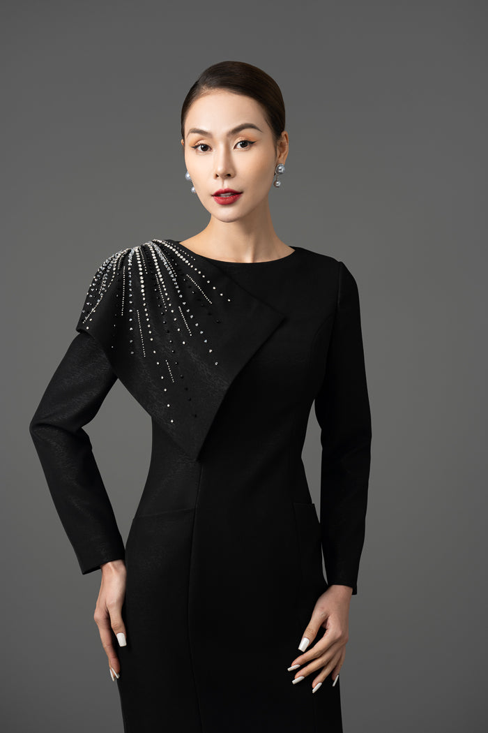 Gabardine Asymmetrical Embellished Midi Dress