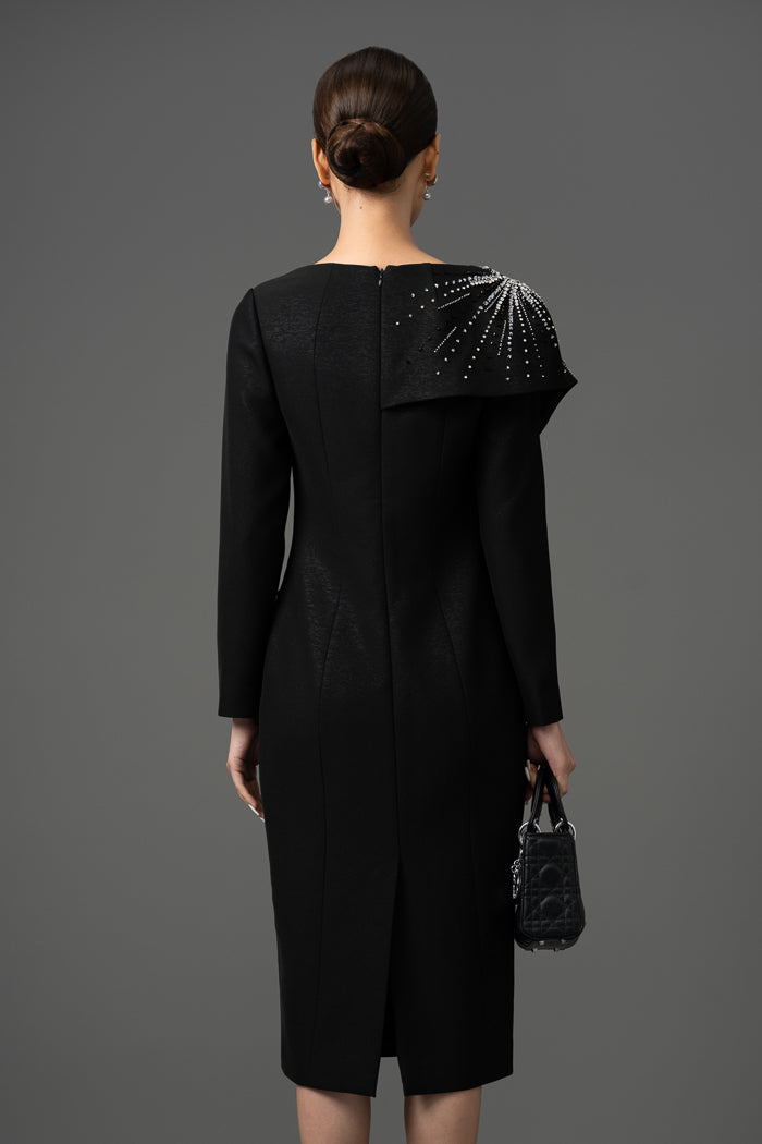 Gabardine Asymmetrical Embellished Midi Dress