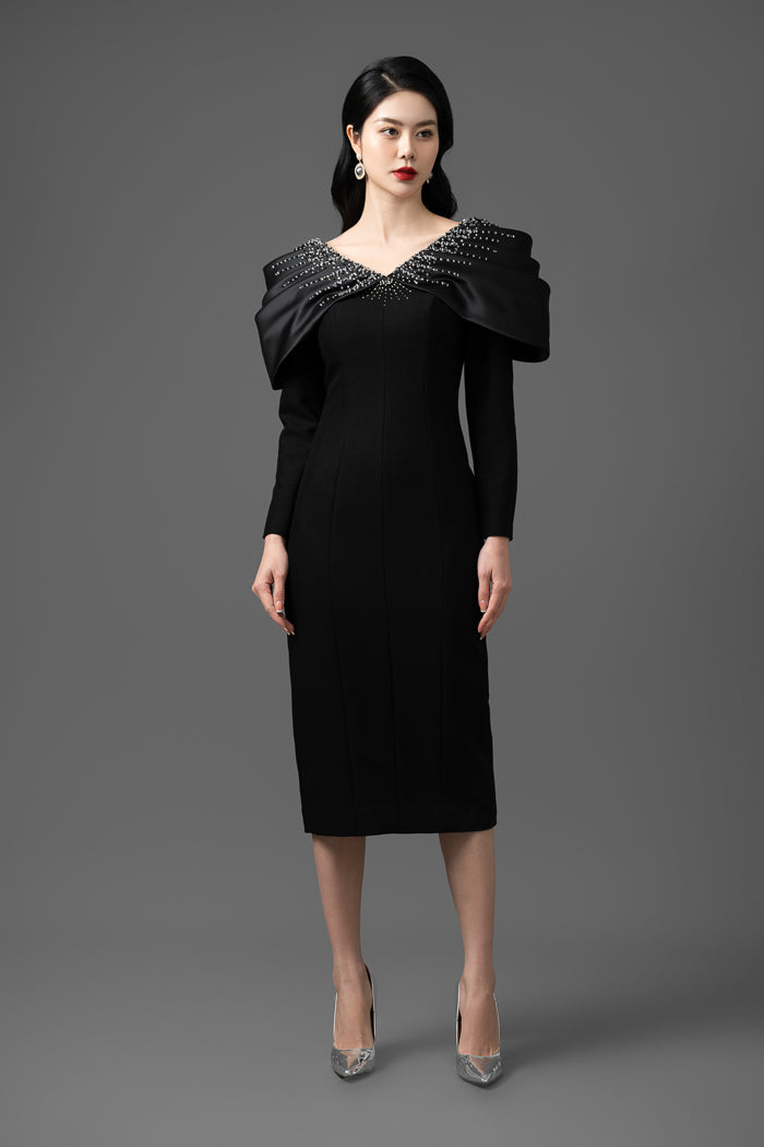 Satin Taffeta Embellished Off-Shoulder Midi Dress