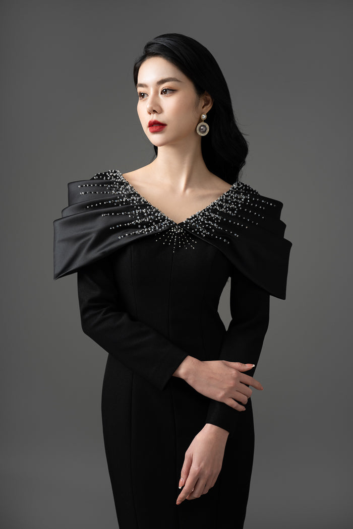 Satin Taffeta Embellished Off-Shoulder Midi Dress