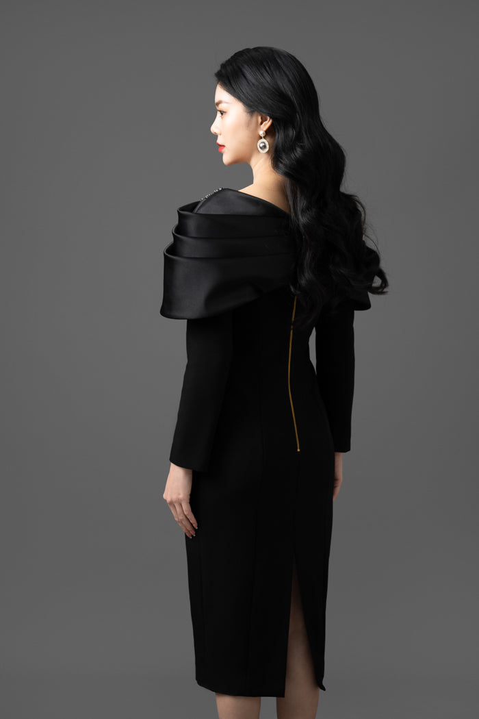 Satin Taffeta Embellished Off-Shoulder Midi Dress