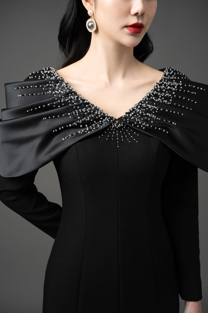 Satin Taffeta Embellished Off-Shoulder Midi Dress