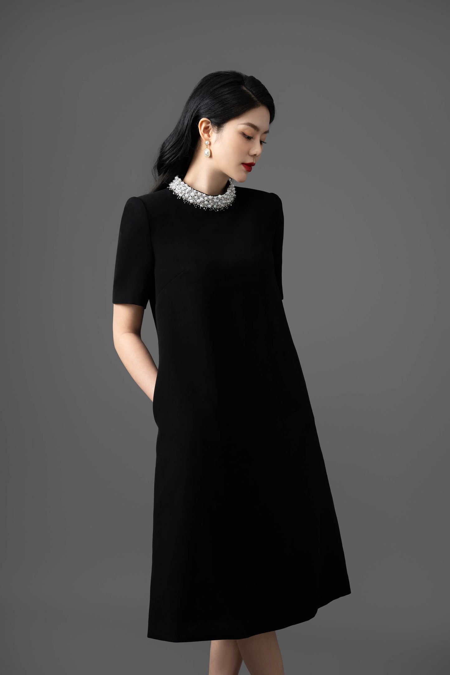 Gabardine Pearl-Embellished Collar Shift Dress