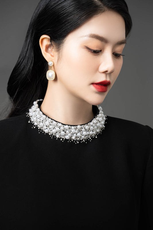 Gabardine Pearl-Embellished Collar Shift Dress