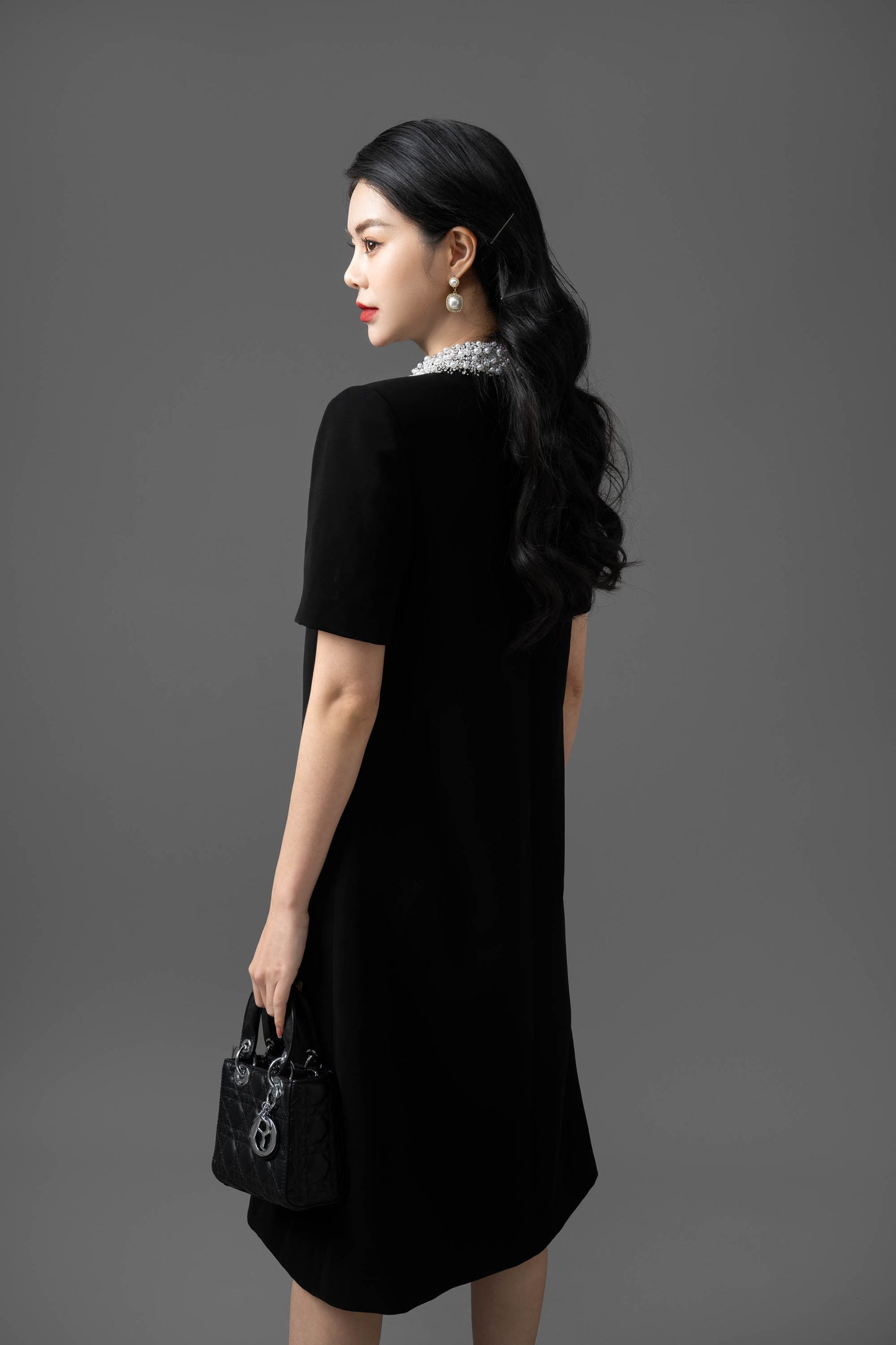 Gabardine Pearl-Embellished Collar Shift Dress