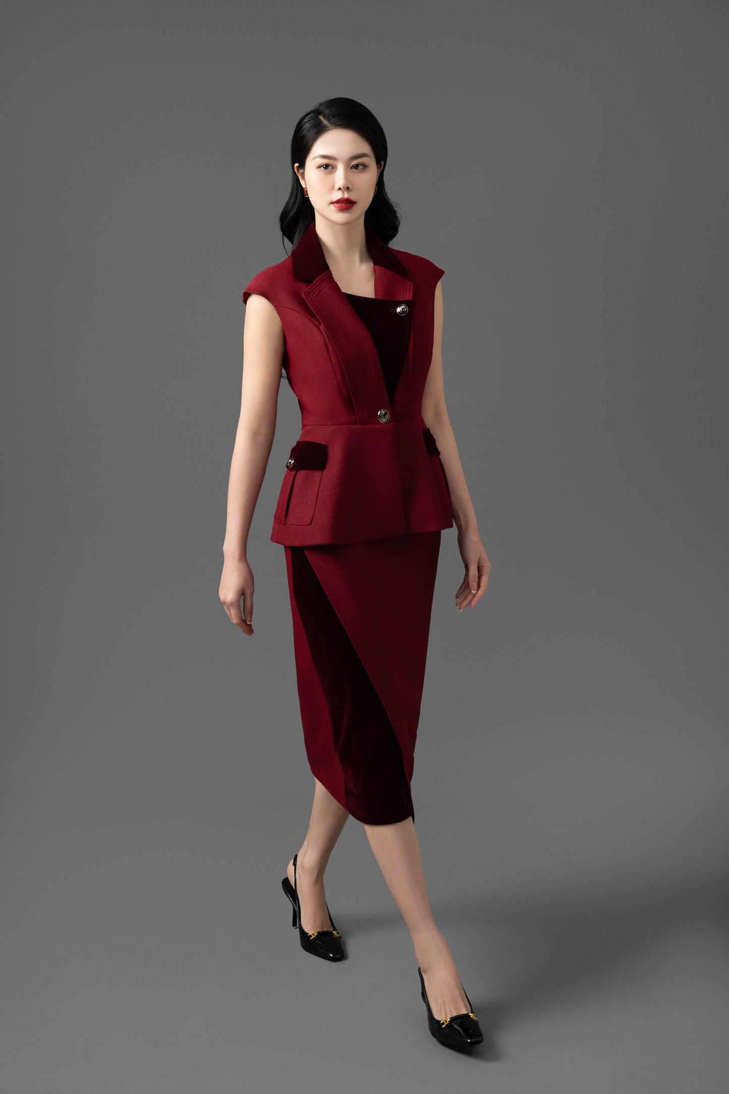 Gabardine and Velvet Sleeveless Blazer and Pencil Skirt Set
