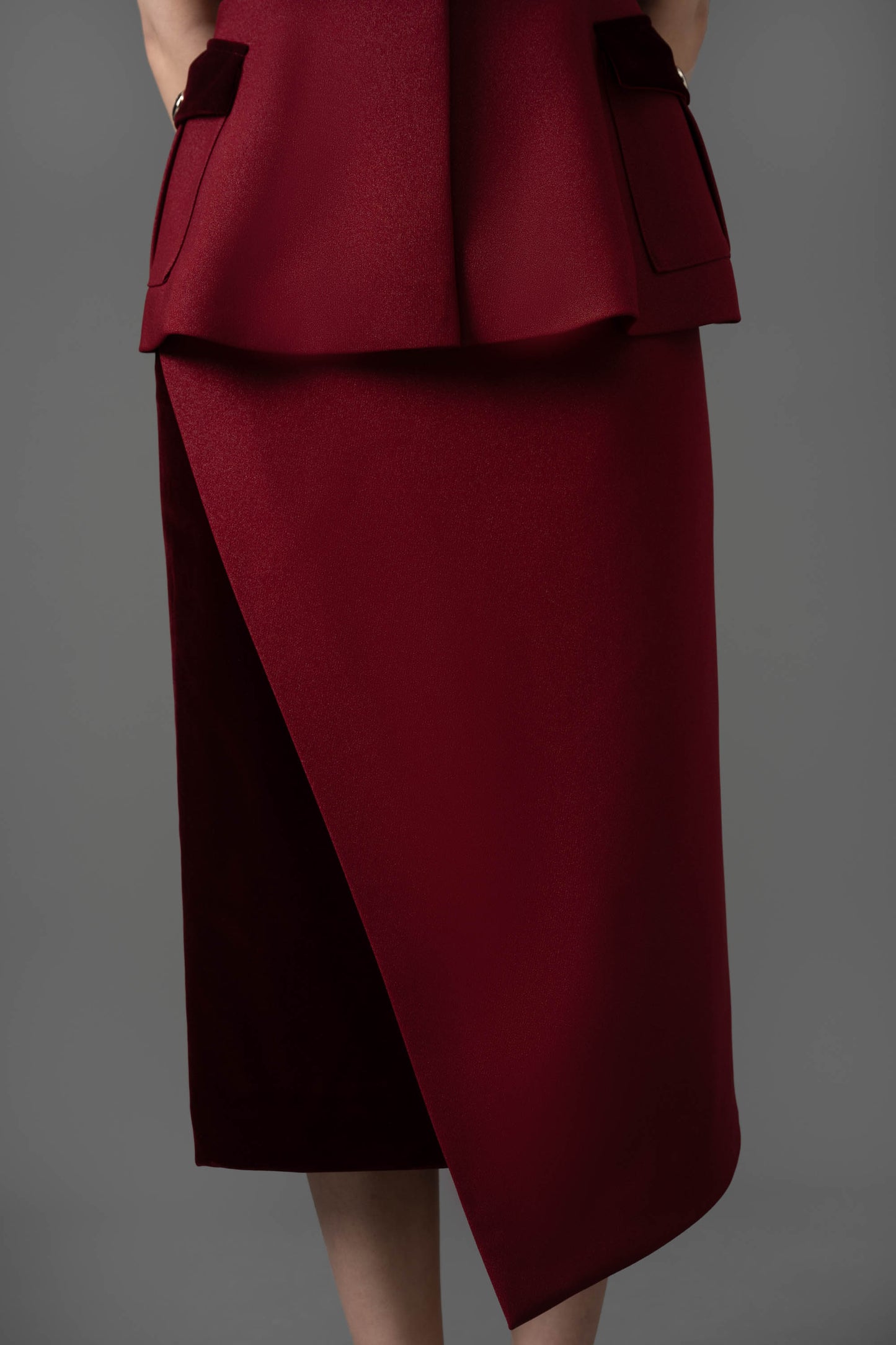 Gabardine and Velvet Sleeveless Blazer and Pencil Skirt Set