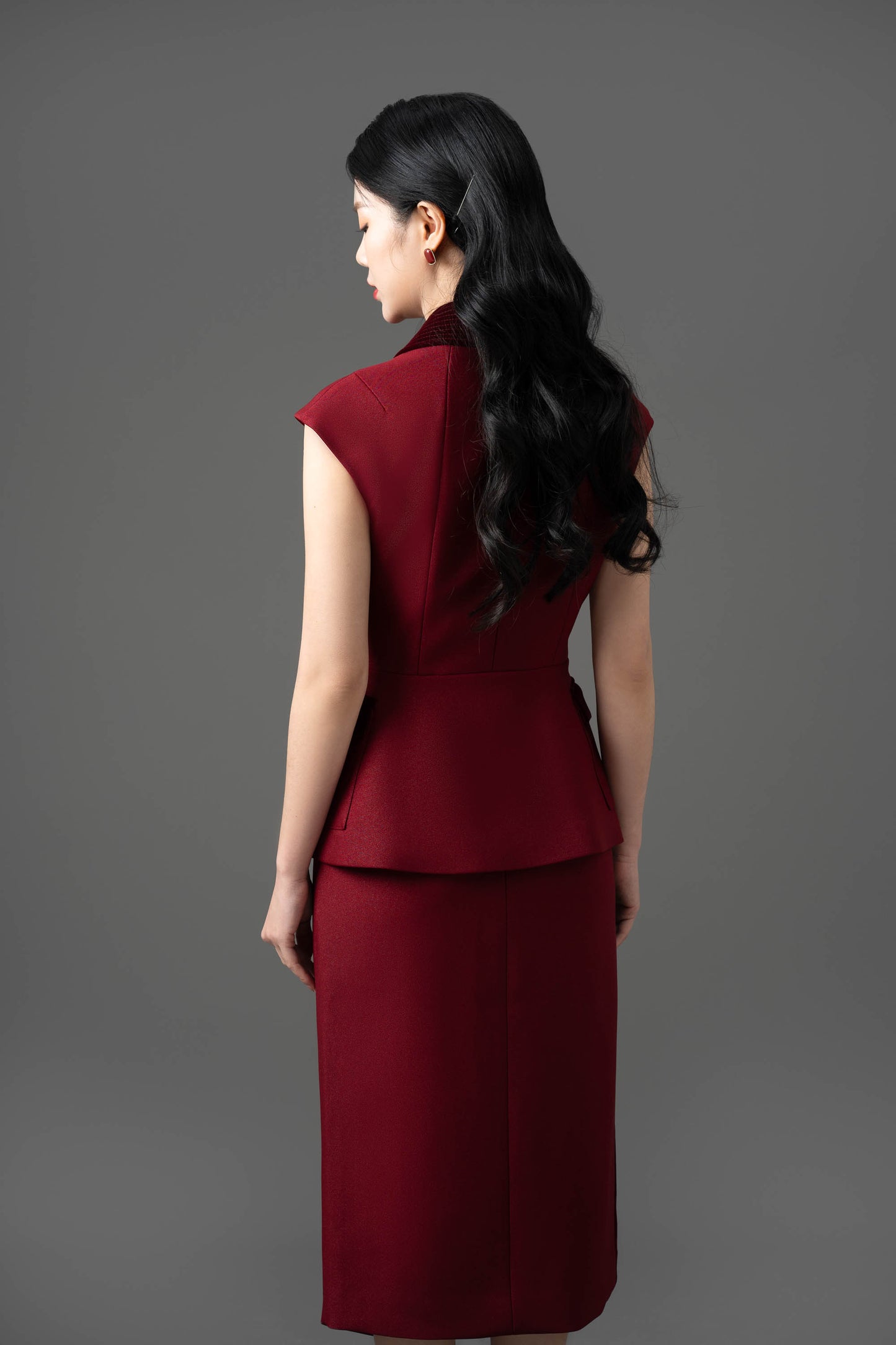 Gabardine and Velvet Sleeveless Blazer and Pencil Skirt Set
