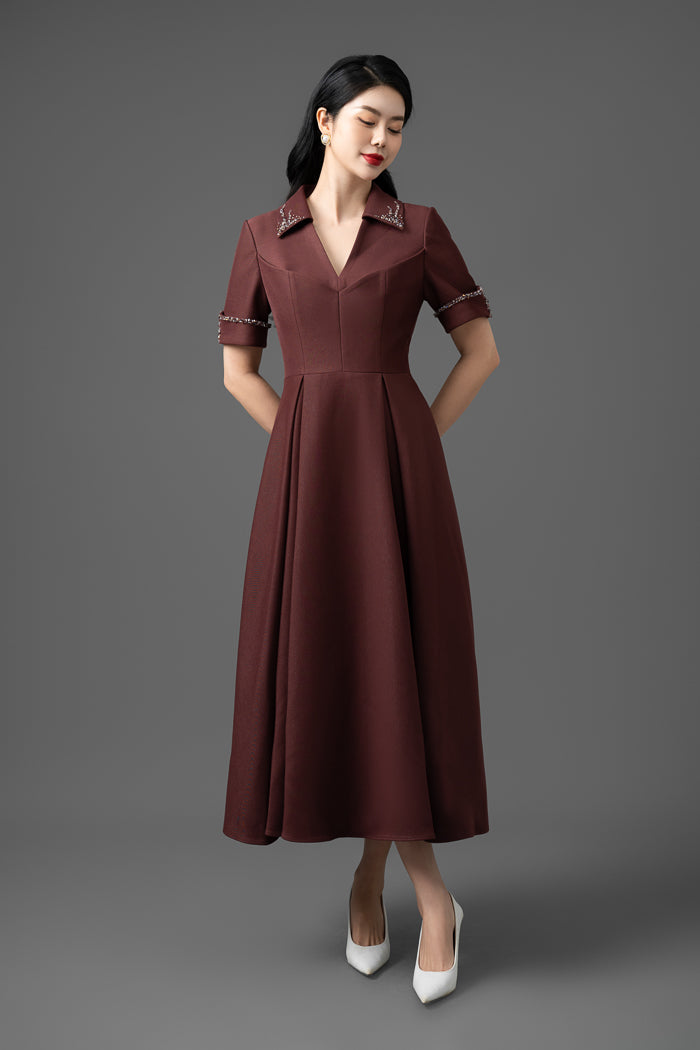 Gabardine A-Line Midi Dress with Embroidered Collar