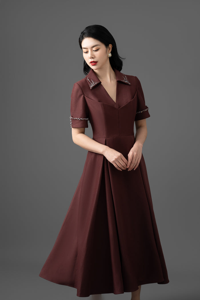 Gabardine A-Line Midi Dress with Embroidered Collar