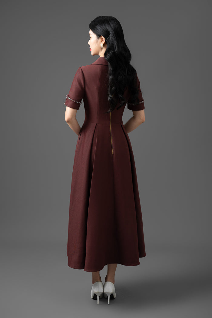 Gabardine A-Line Midi Dress with Embroidered Collar