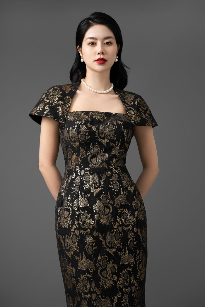 Brocade Midi Dress with Cap Sleeves