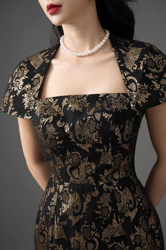 Brocade Midi Dress with Cap Sleeves