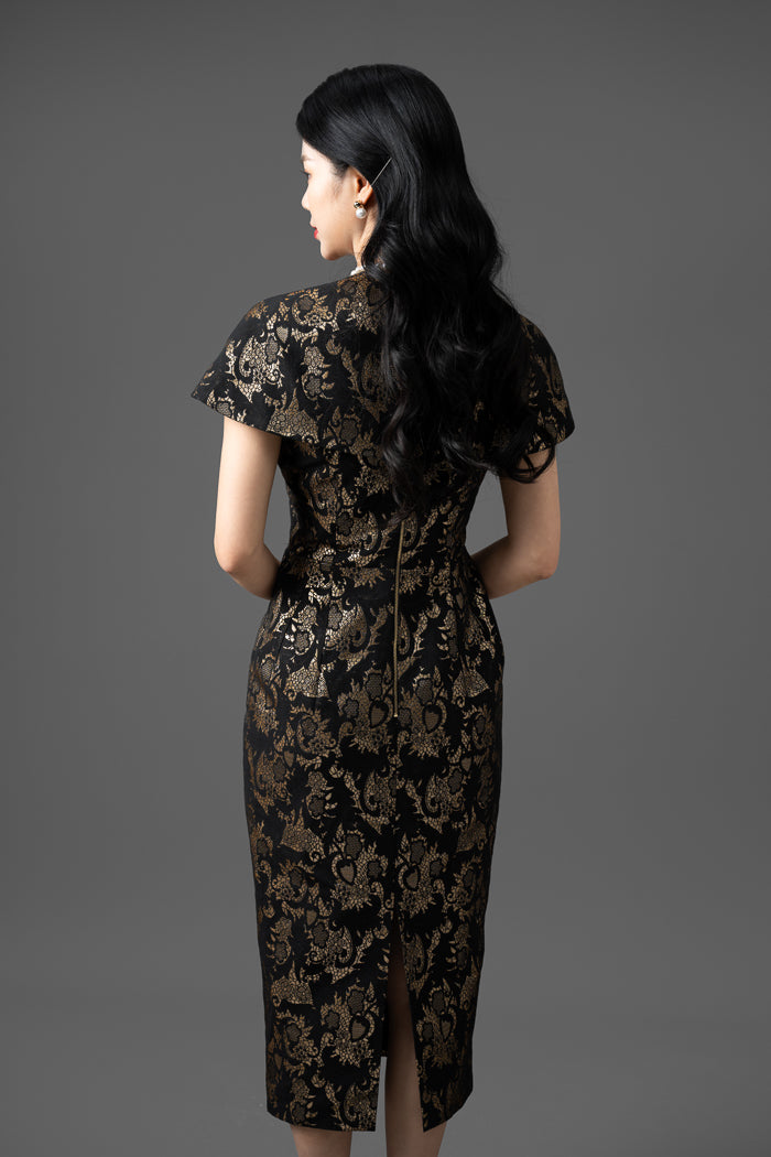 Brocade Midi Dress with Cap Sleeves