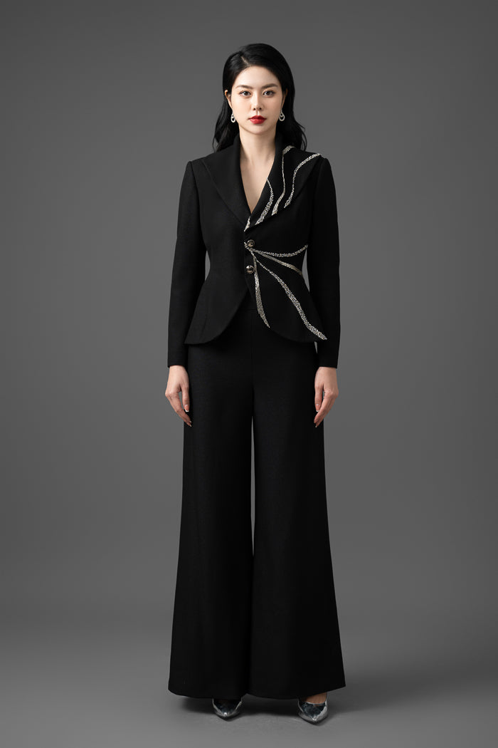 Gabardine Embroidered Blazer and Wide-Leg Pants Set