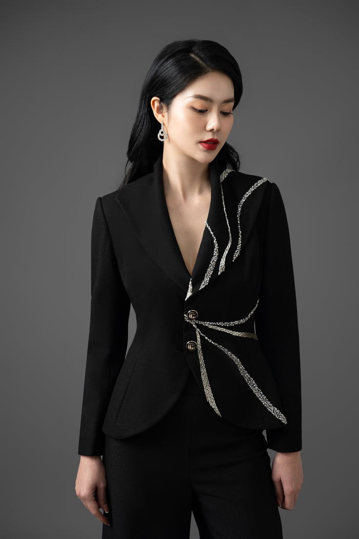 Gabardine Embroidered Blazer and Wide-Leg Pants Set