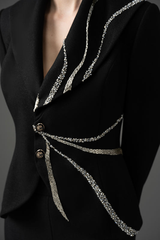 Gabardine Embroidered Blazer and Wide-Leg Pants Set