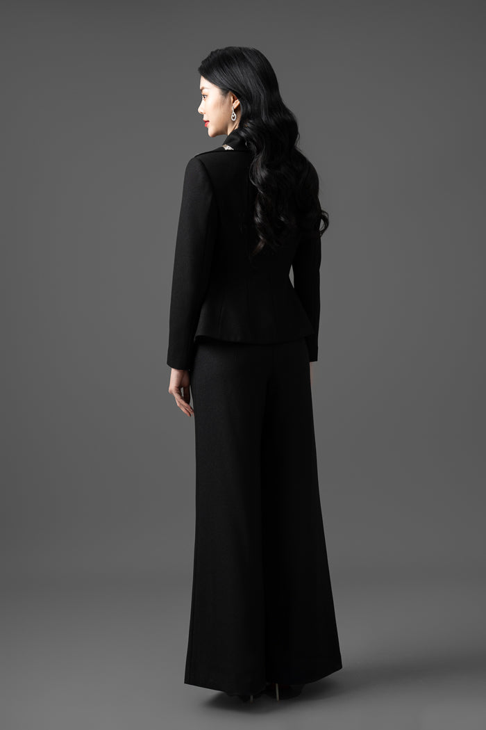 Gabardine Embroidered Blazer and Wide-Leg Pants Set