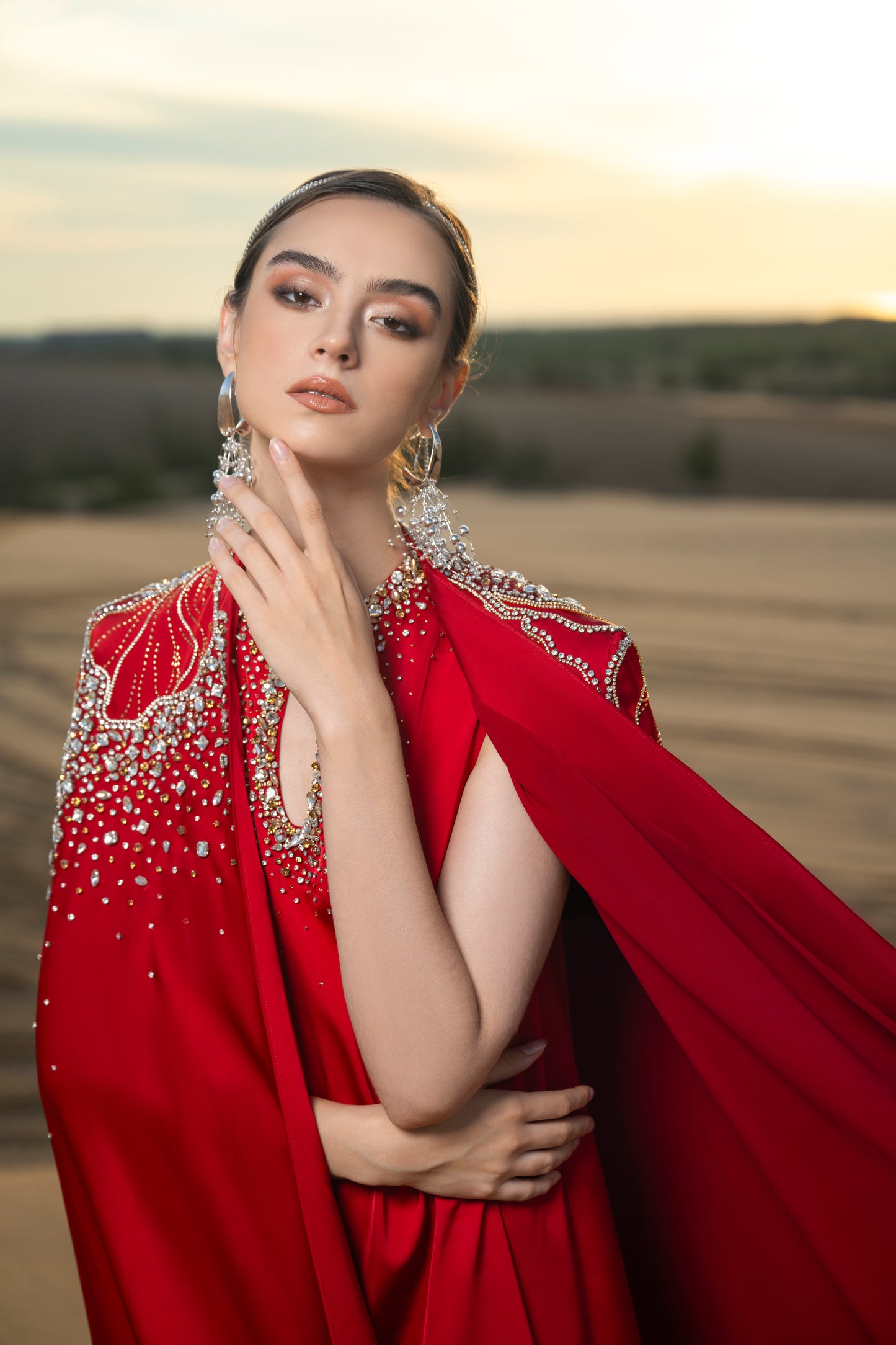 Red Embellished Kaftan Gown with Pearl Detailing