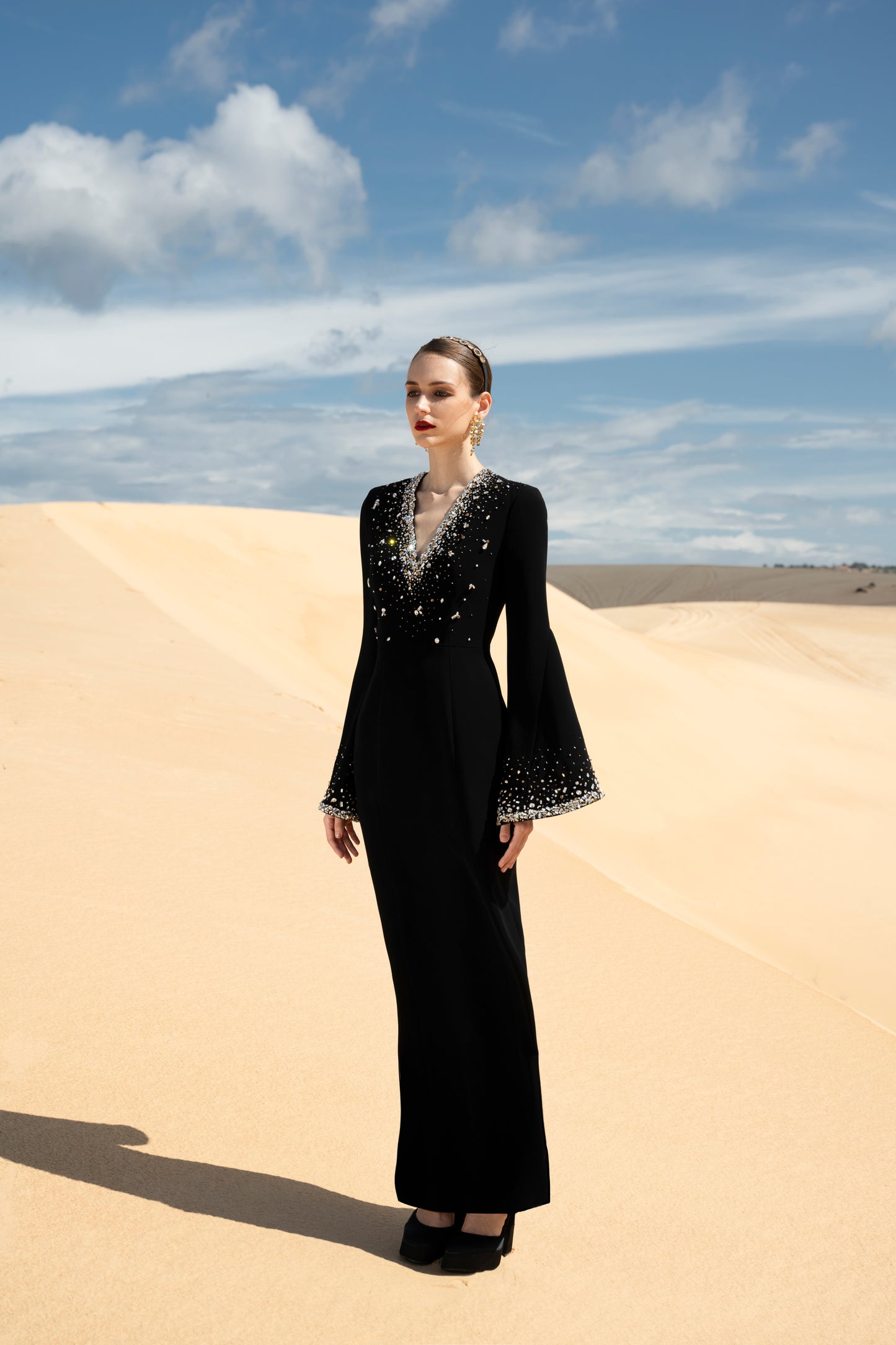 Black Evening Gown with Bell Sleeves and Pearl Detailing