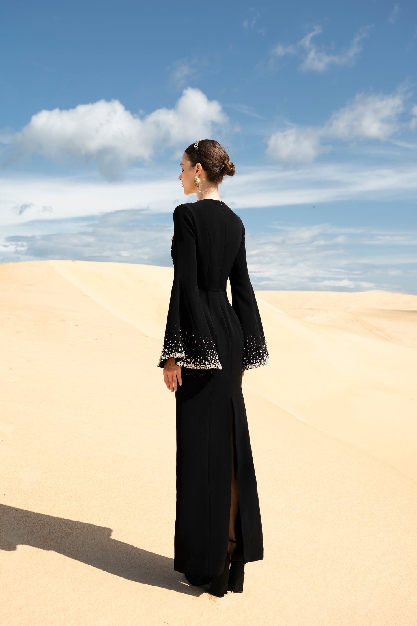 Black Evening Gown with Bell Sleeves and Pearl Detailing