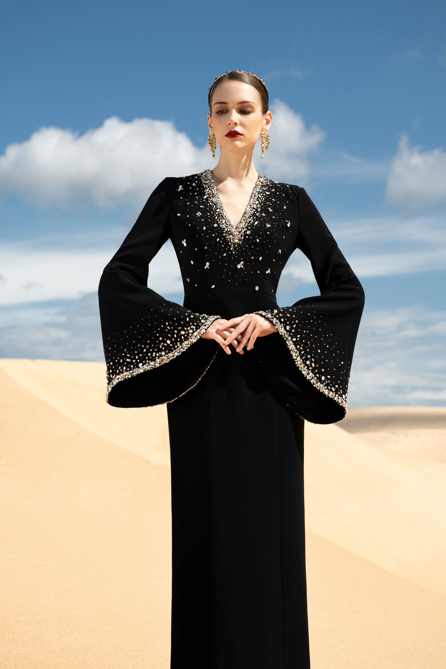 Black Evening Gown with Bell Sleeves and Pearl Detailing