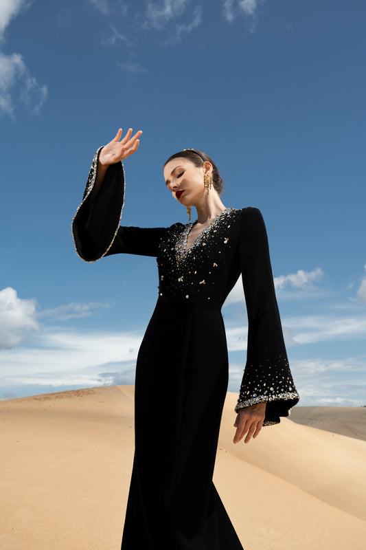 Black Evening Gown with Bell Sleeves and Pearl Detailing